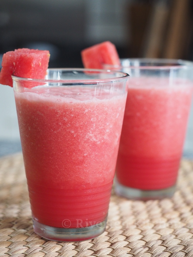A glass of blended watermelon and lychee drink