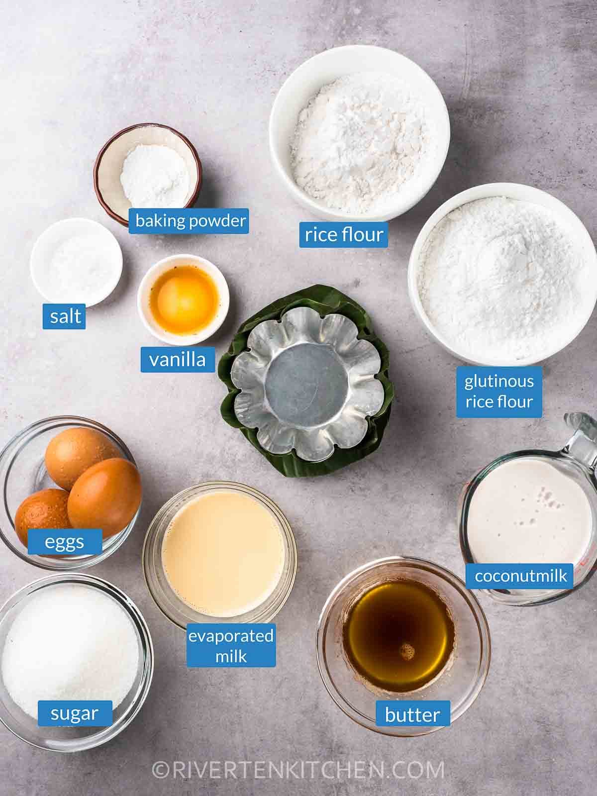 Bibingka Ingredients-Rice Flour, eggs, milk, butter, baking powder, sugar, salt