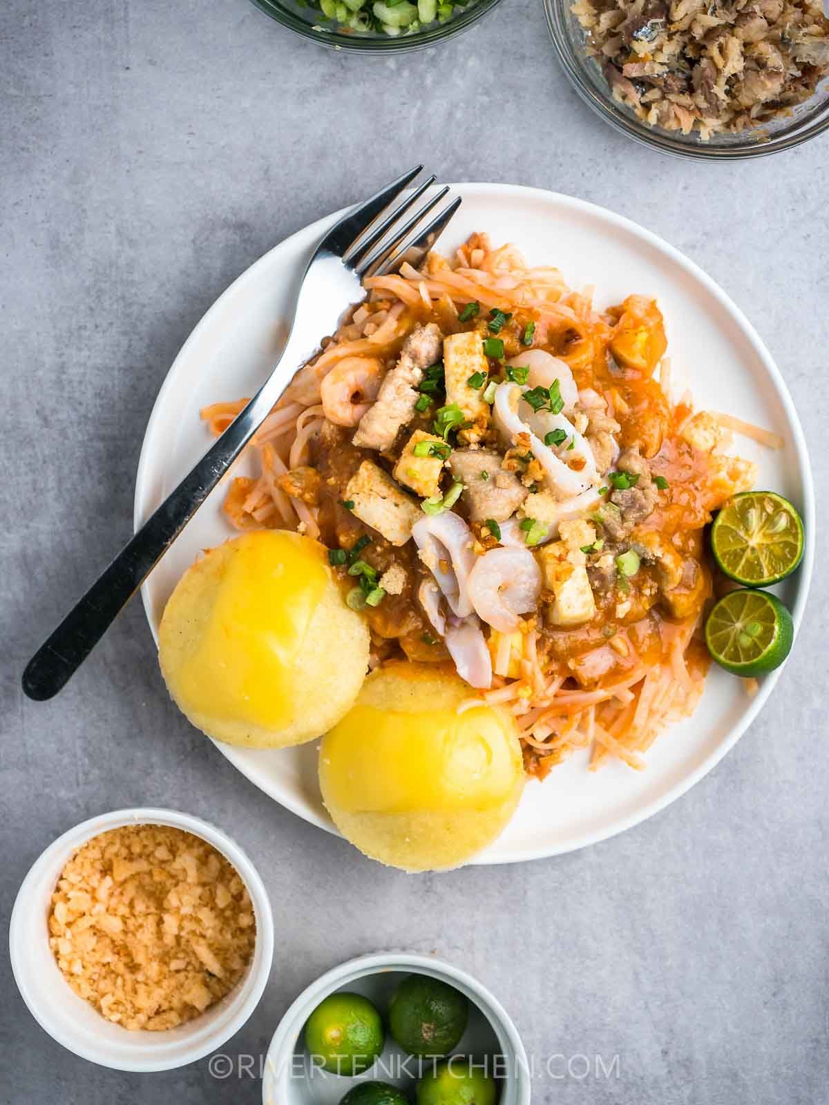 Pansit Palabok with Puto on a Plate