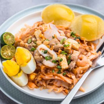 Filipino Noodles with Orange Shrimp Sauce and Toppings