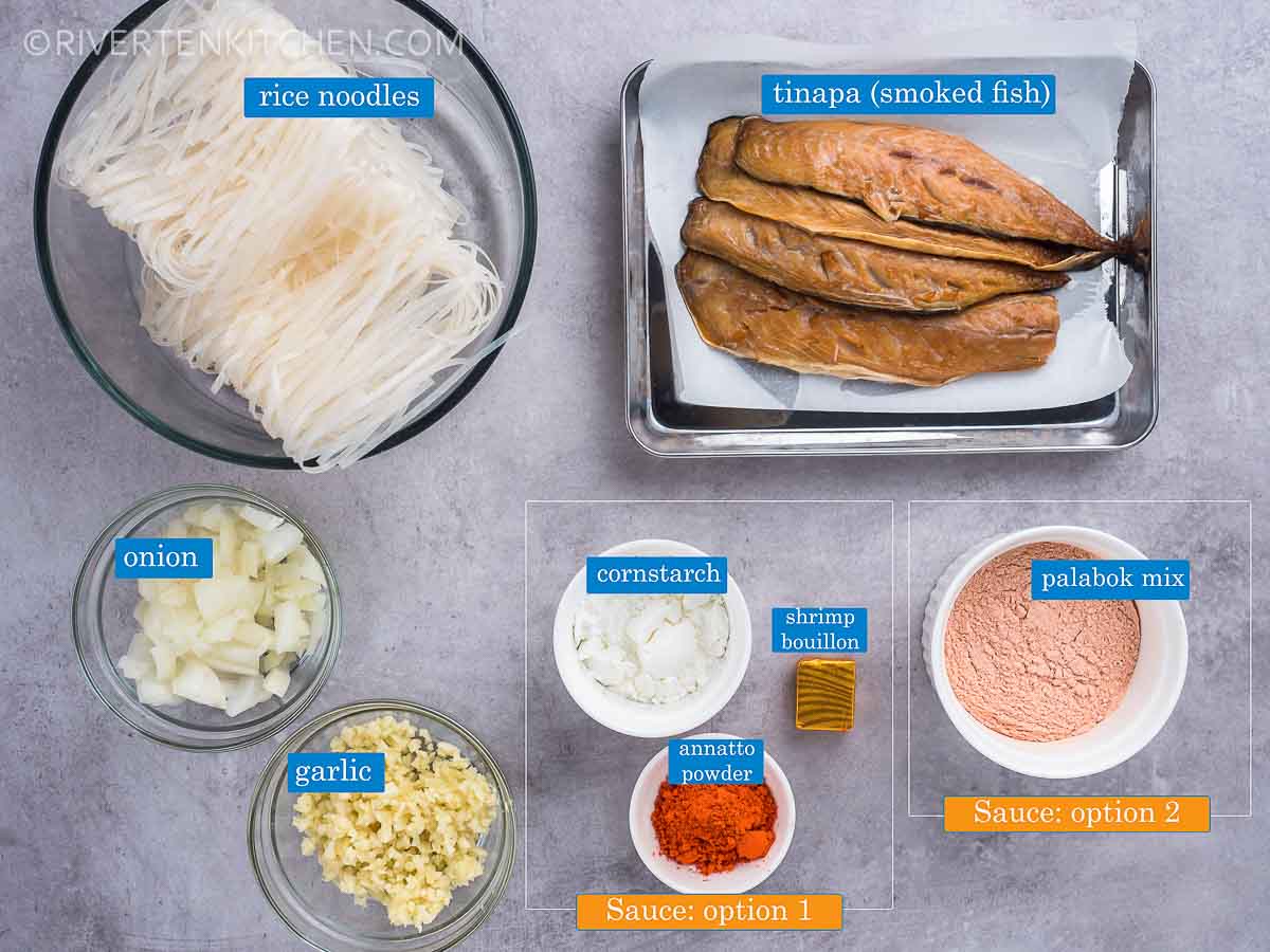 Palabok Ingredients - smoked Fish (tinapa)-garlic,onion, mamasita palabok mix, annatto powder, shrimp cube