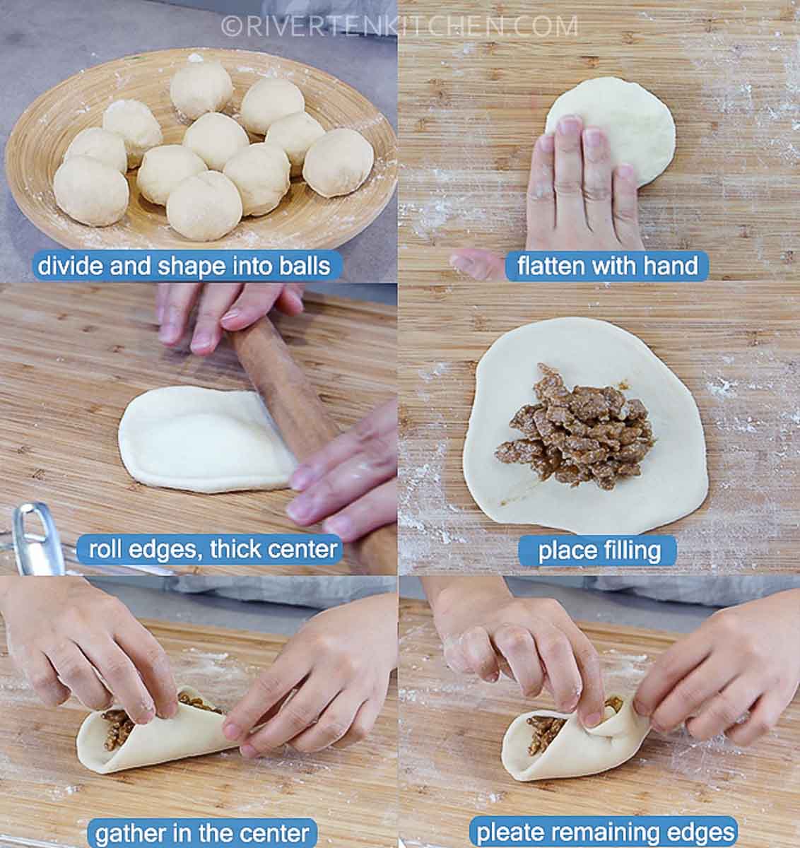 step by step photos of shaping char siu bao or steamed buns
