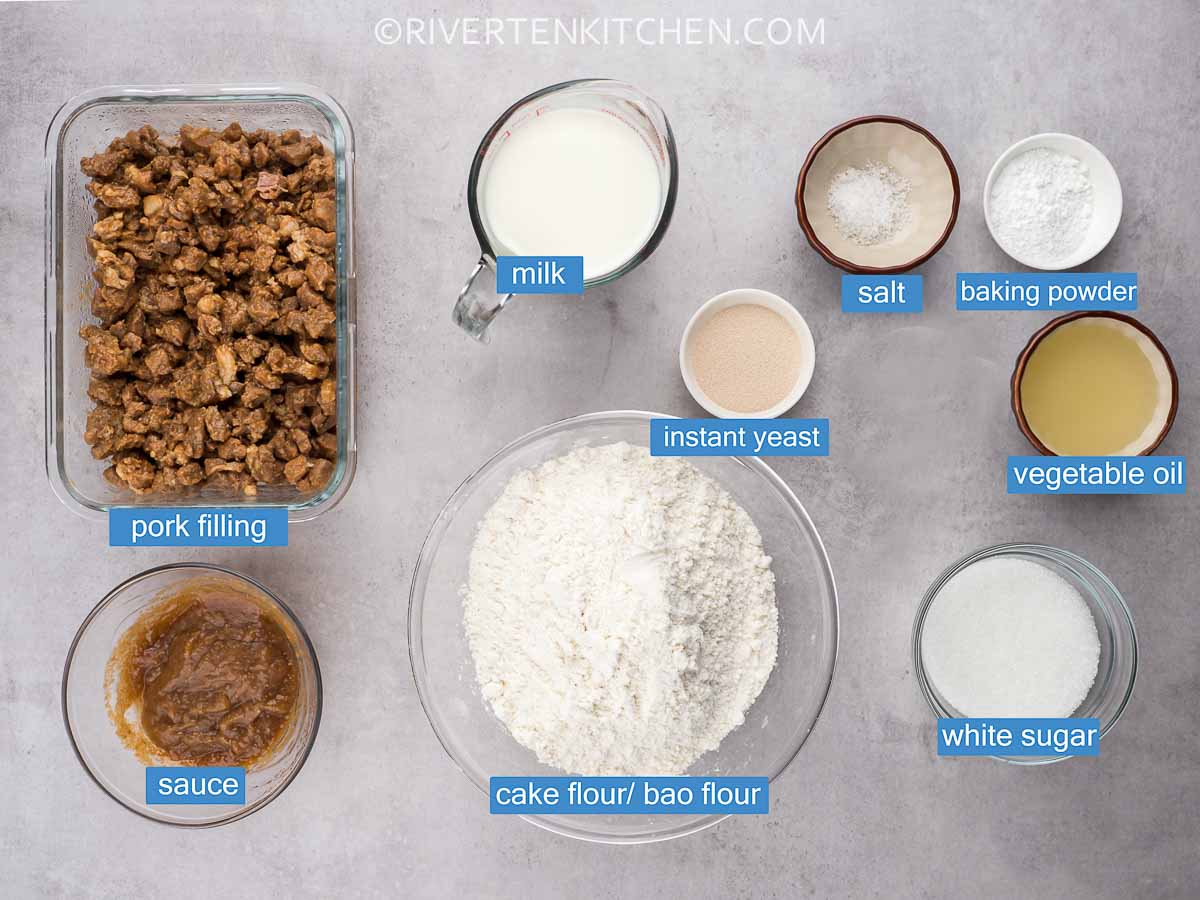 Bun Ingredients - flour, baking powder, salt, yeast, milk