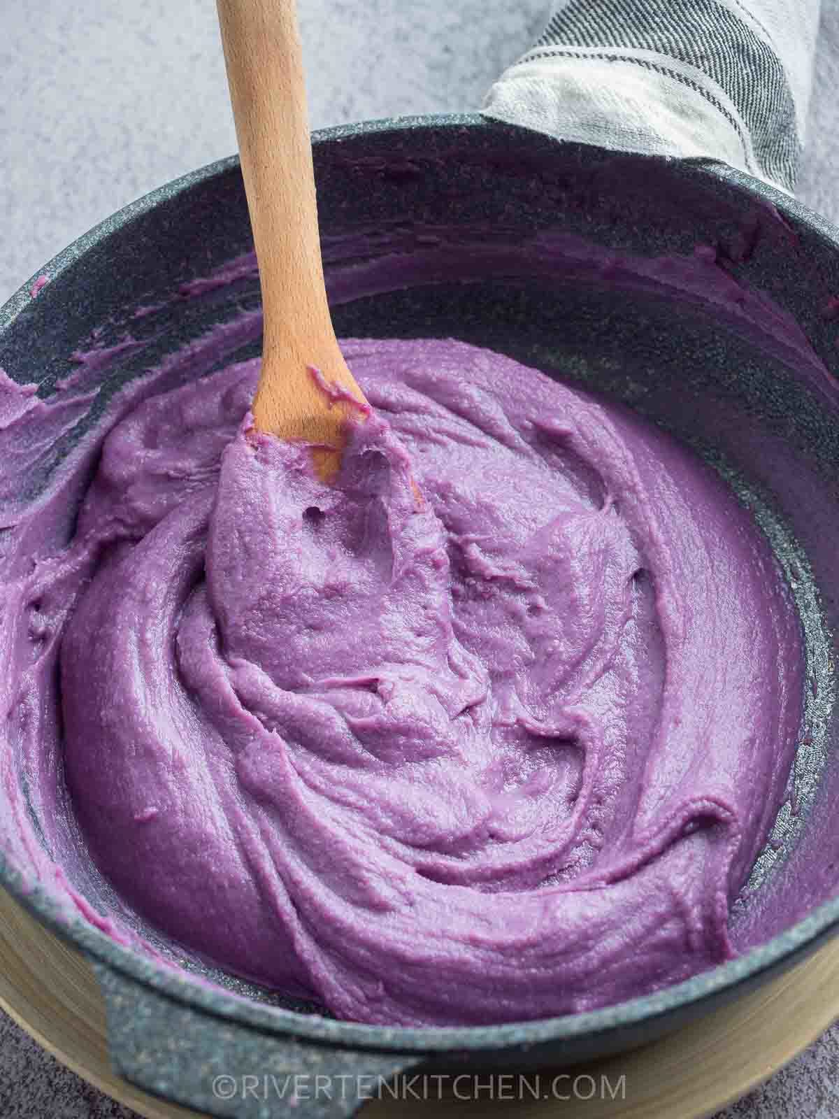 Cooking Ube Halaya in a pot