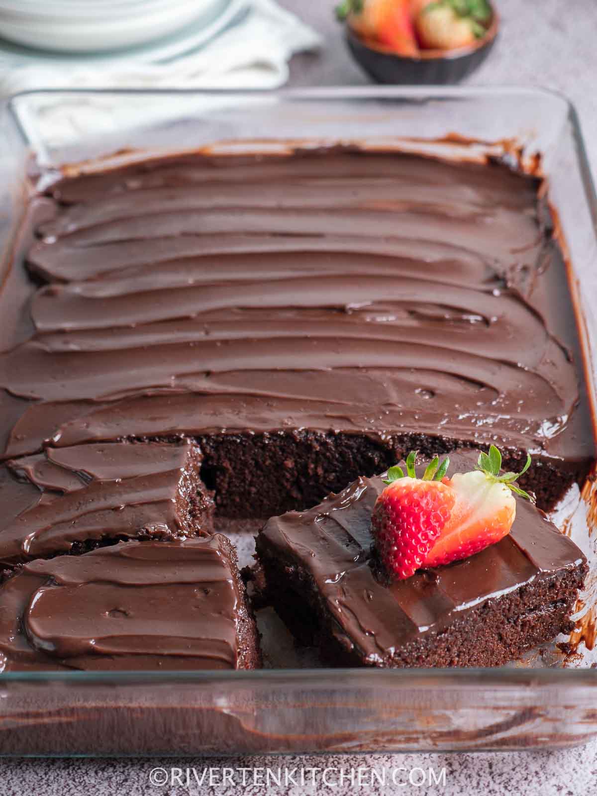 single layer chocolate cake in a baking dish